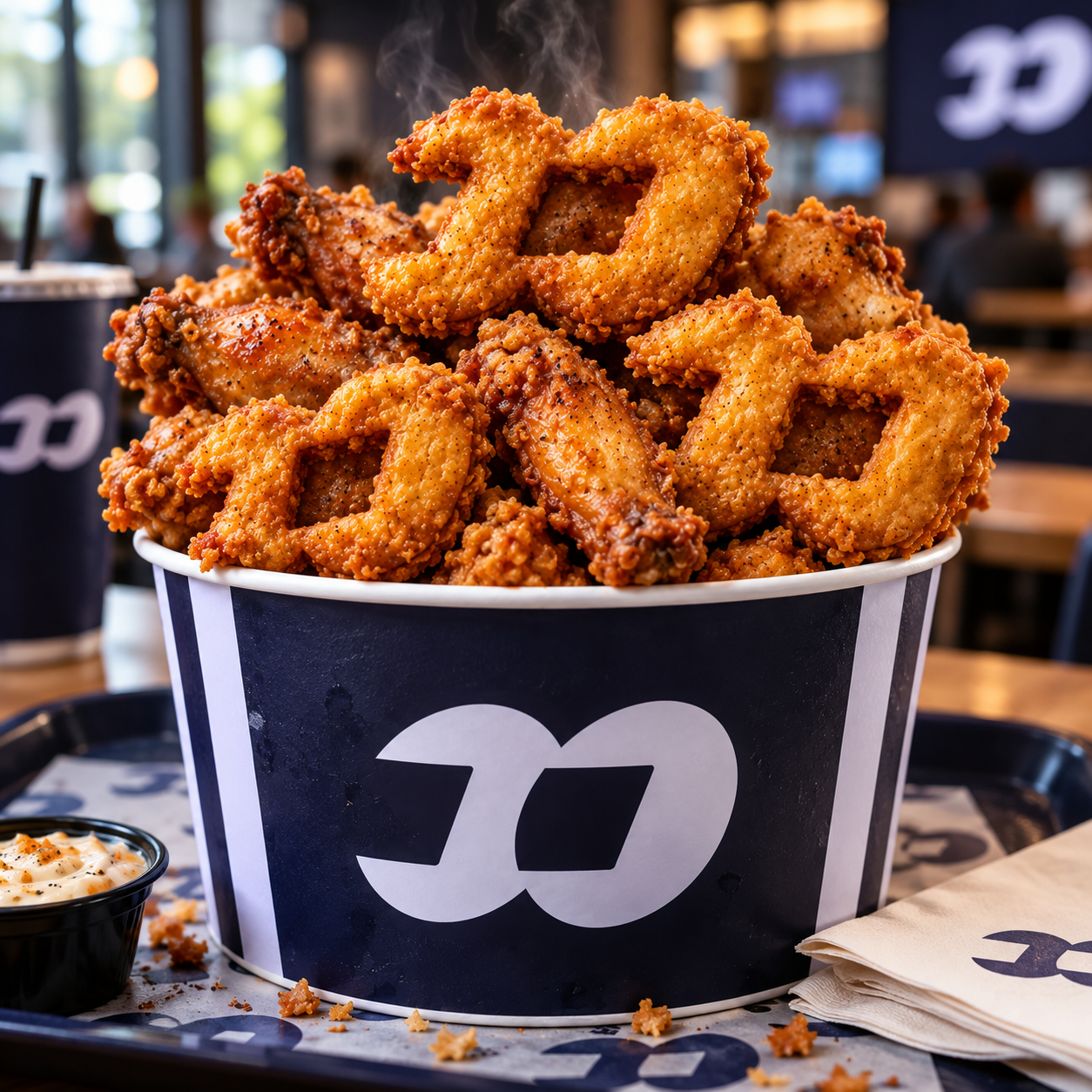 A bucket of FOMO-shaped fried chicken served in a restaurant