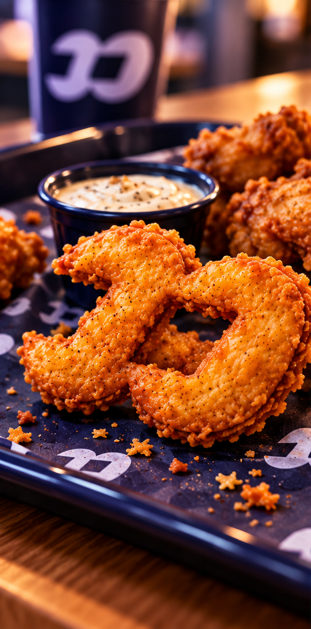 FOMO-shaped fried chicken and dipping sauce