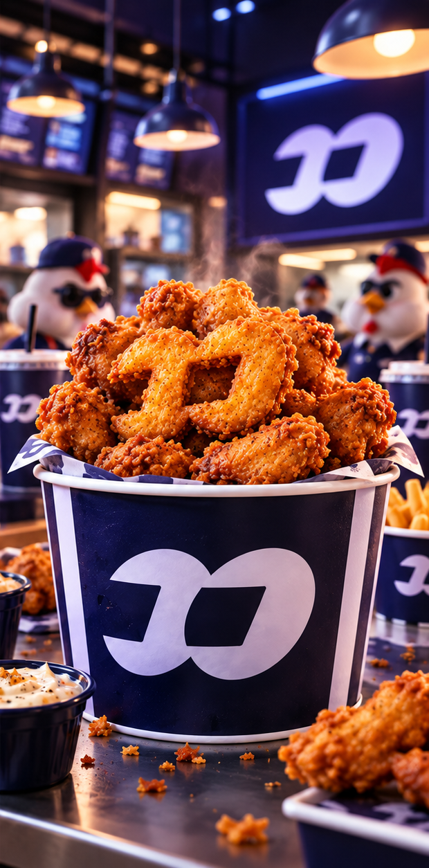 FOMO chicken bucket at a themed fast food restaurant